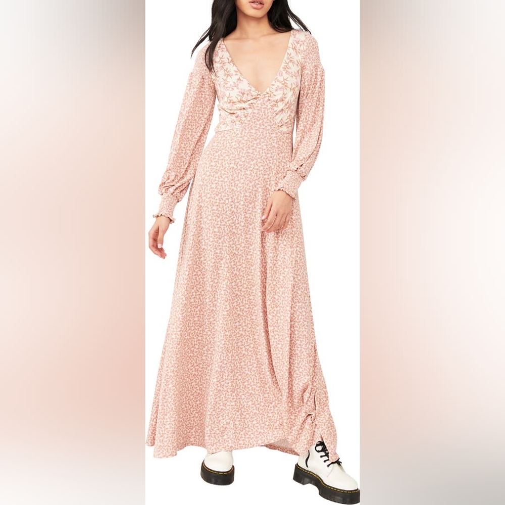 Free People Love Story cottagecore vintage pink floral maxi dress pastel L